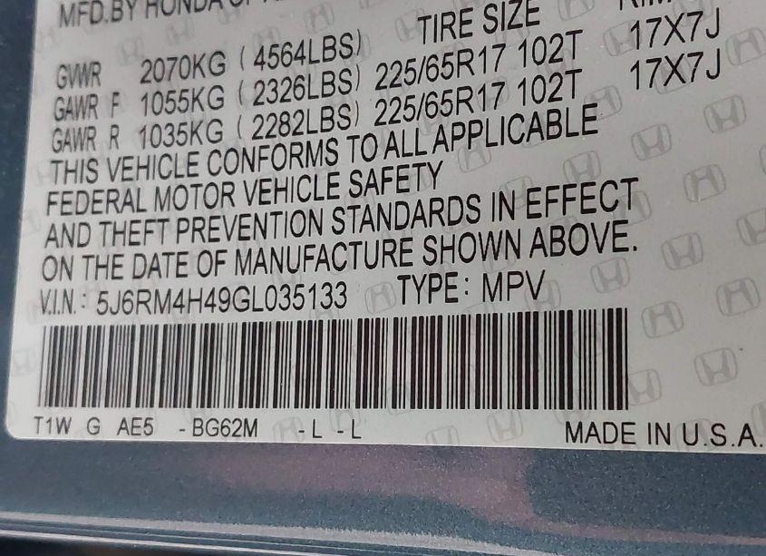 Photo 9 of 2016 Honda Cr-v SE (VIN 5J6RM4H49GL035133)