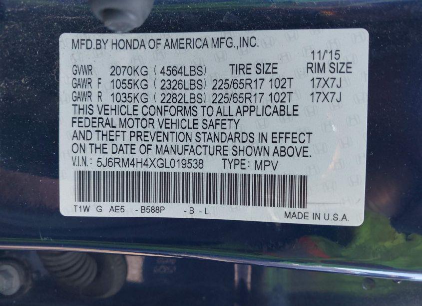 Photo 9 of 2016 Honda Cr-v SE (VIN 5J6RM4H4XGL019538)