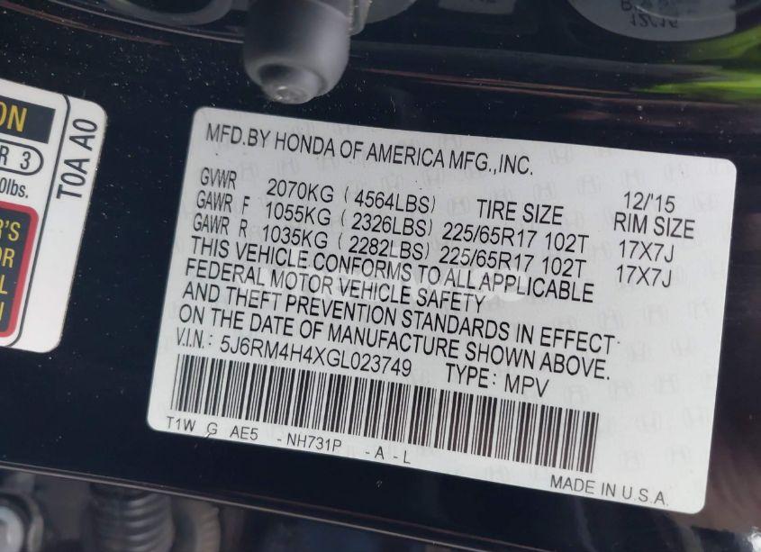 Photo 9 of 2016 Honda Cr-v SE (VIN 5J6RM4H4XGL023749)