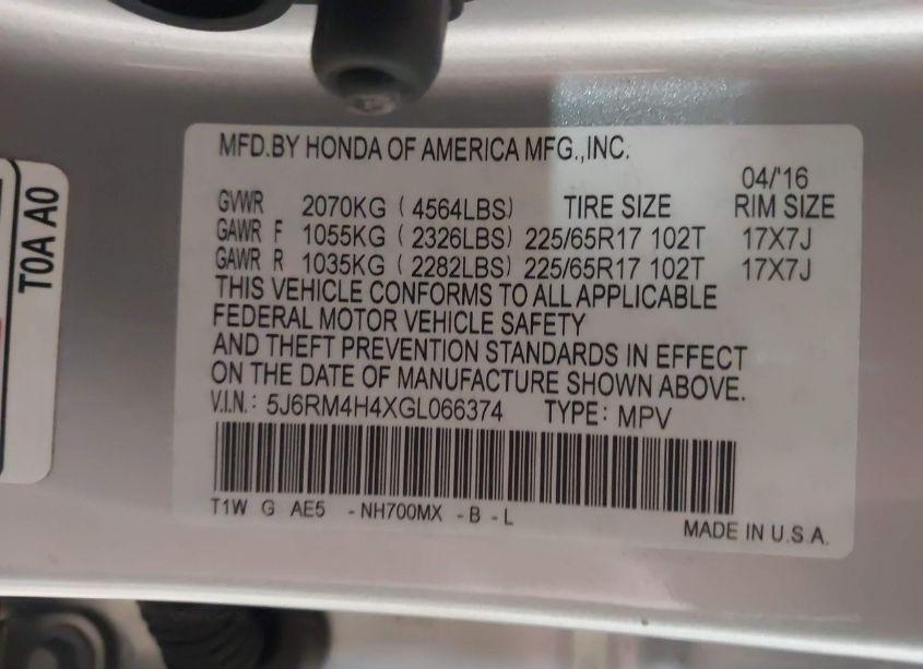 Photo 9 of 2016 Honda Cr-v SE (VIN 5J6RM4H4XGL066374)