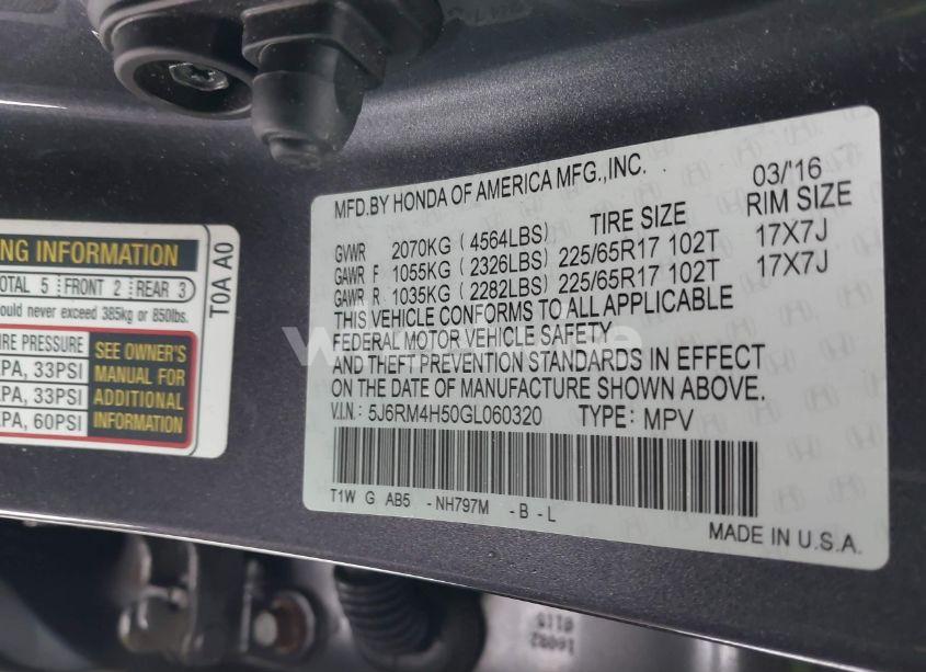 Photo 9 of 2016 Honda Cr-v EX (VIN 5J6RM4H50GL060320)