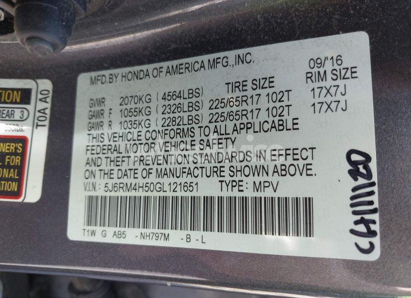 Photo 9 of 2016 Honda Cr-v EX (VIN 5J6RM4H50GL121651)