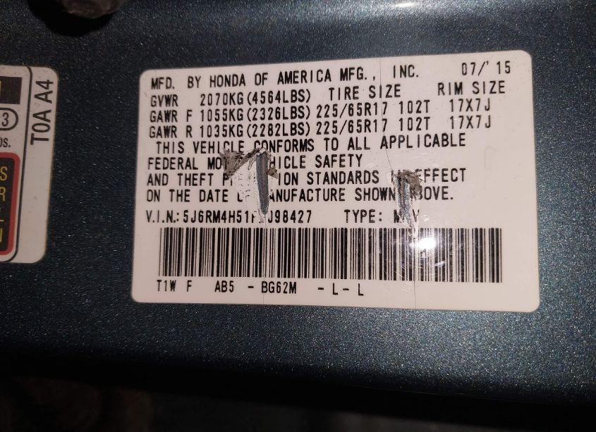 Photo 9 of 2015 Honda Cr-v EX (VIN 5J6RM4H51FL098427)