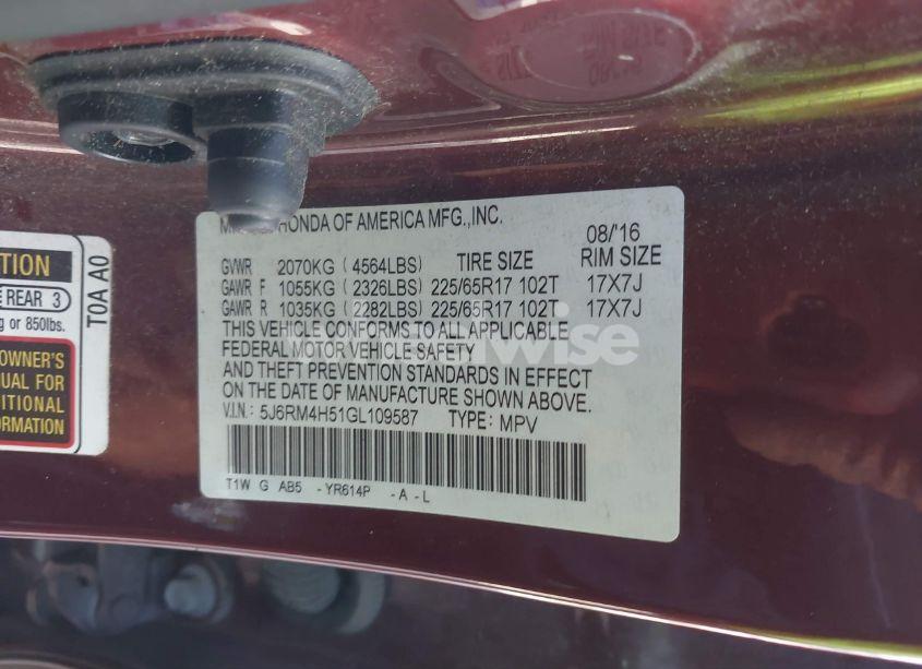 Photo 9 of 2016 Honda Cr-v EX (VIN 5J6RM4H51GL109587)