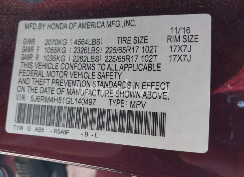 Photo 9 of 2016 Honda Cr-v EX (VIN 5J6RM4H51GL140497)