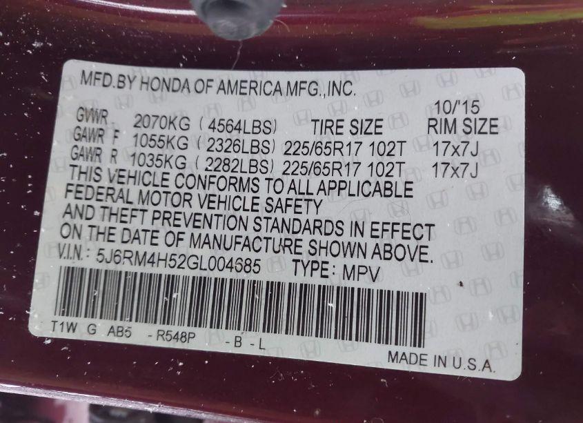 Photo 9 of 2016 Honda Cr-v EX (VIN 5J6RM4H52GL004685)