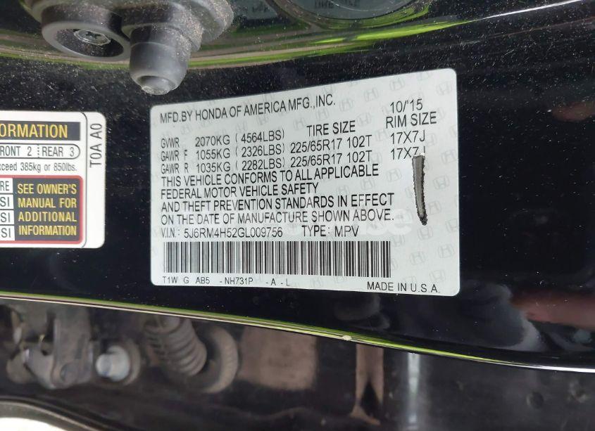 Photo 9 of 2016 Honda Cr-v EX (VIN 5J6RM4H52GL009756)