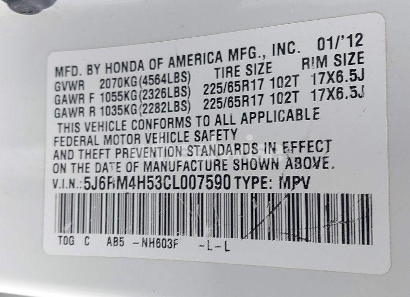 Photo 9 of 2012 Honda Cr-v EX (VIN 5J6RM4H53CL007590)