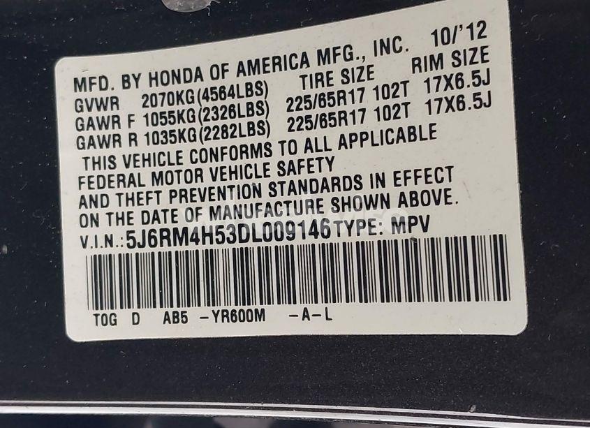 Photo 9 of 2013 Honda Cr-v EX (VIN 5J6RM4H53DL009146)