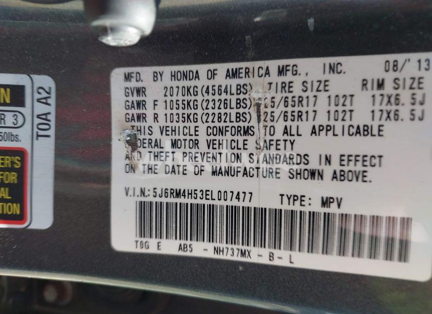 Photo 9 of 2014 Honda Cr-v EX (VIN 5J6RM4H53EL007477)