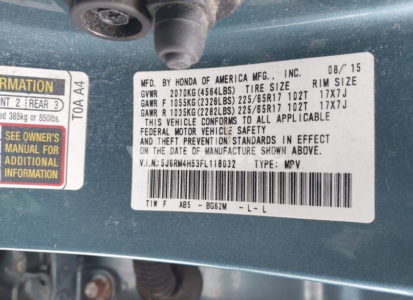 Photo 9 of 2015 Honda Cr-v EX (VIN 5J6RM4H53FL118032)