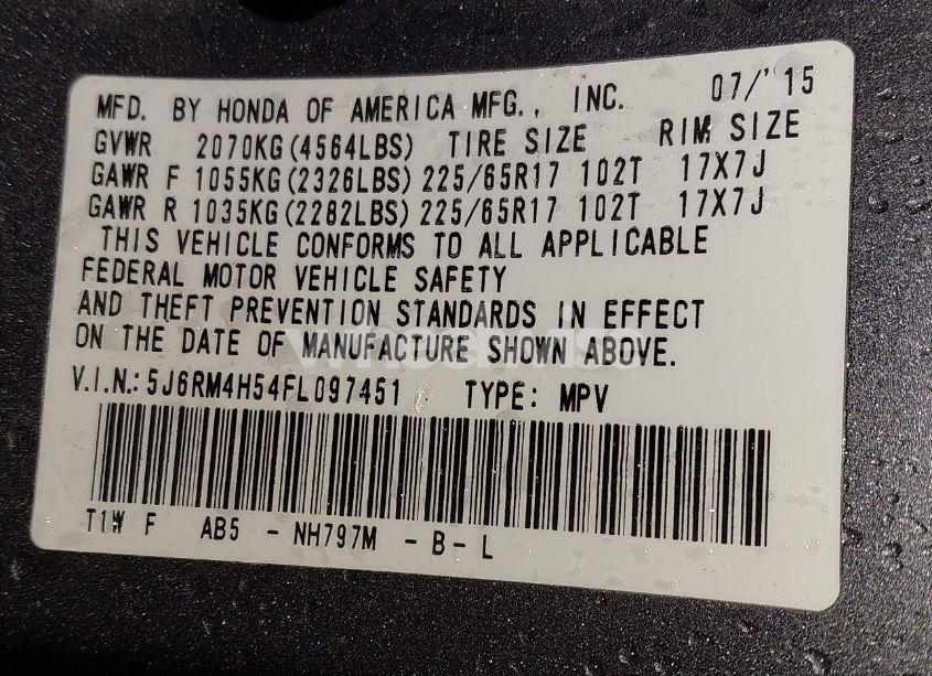 Photo 9 of 2015 Honda Cr-v EX (VIN 5J6RM4H54FL097451)