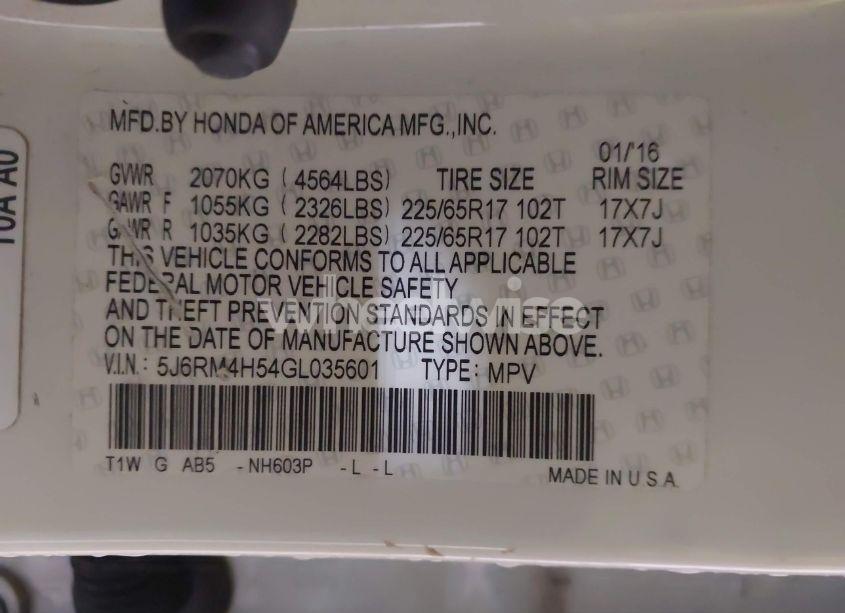 Photo 9 of 2016 Honda Cr-v EX (VIN 5J6RM4H54GL035601)