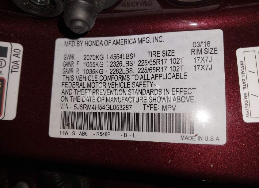 Photo 9 of 2016 Honda Cr-v EX (VIN 5J6RM4H54GL053287)