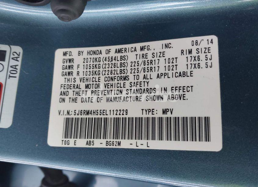 Photo 9 of 2014 Honda Cr-v EX (VIN 5J6RM4H55EL112229)