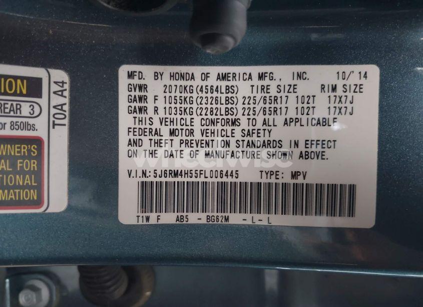 Photo 9 of 2015 Honda Cr-v EX (VIN 5J6RM4H55FL006445)