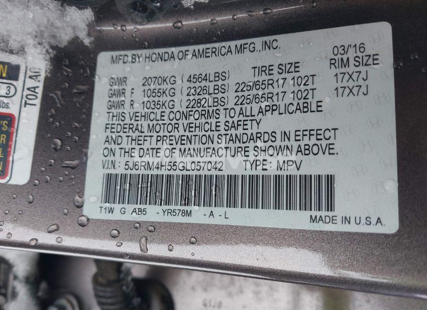 Photo 9 of 2016 Honda Cr-v EX (VIN 5J6RM4H55GL057042)