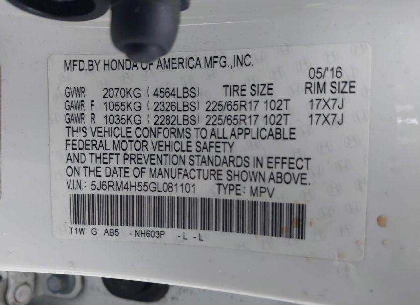 Photo 9 of 2016 Honda Cr-v EX (VIN 5J6RM4H55GL081101)