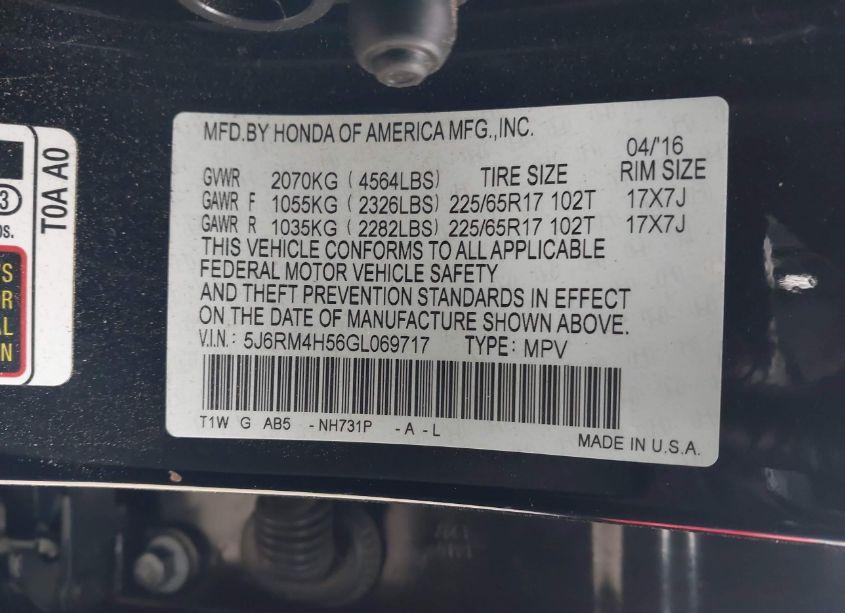 Photo 9 of 2016 Honda Cr-v EX (VIN 5J6RM4H56GL069717)