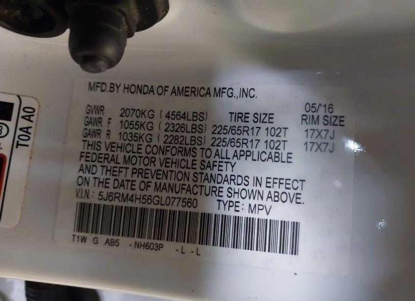 Photo 9 of 2016 Honda Cr-v EX (VIN 5J6RM4H56GL077560)