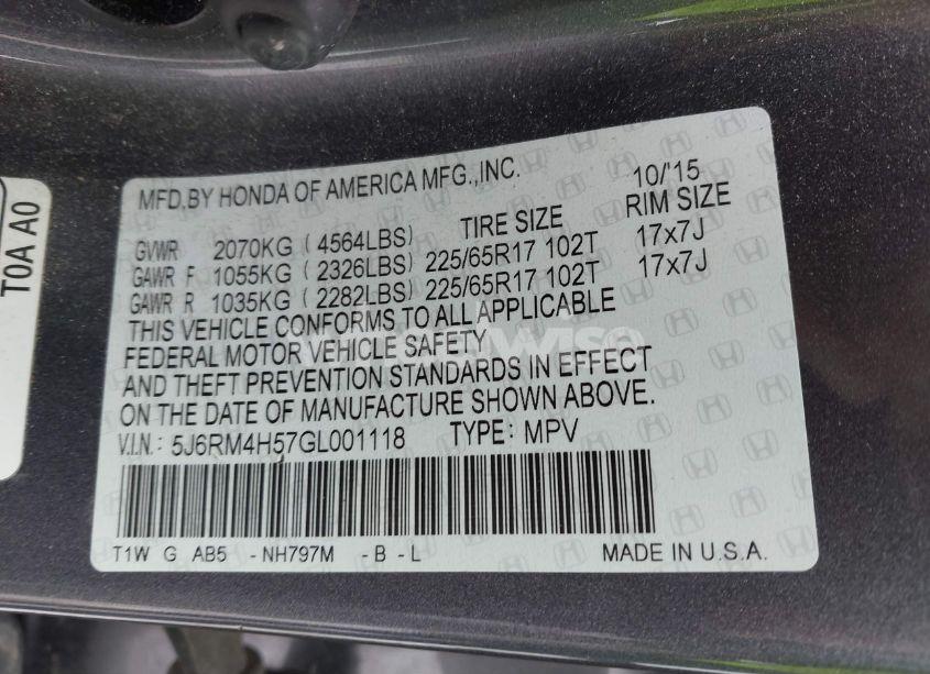 Photo 9 of 2016 Honda Cr-v EX (VIN 5J6RM4H57GL001118)