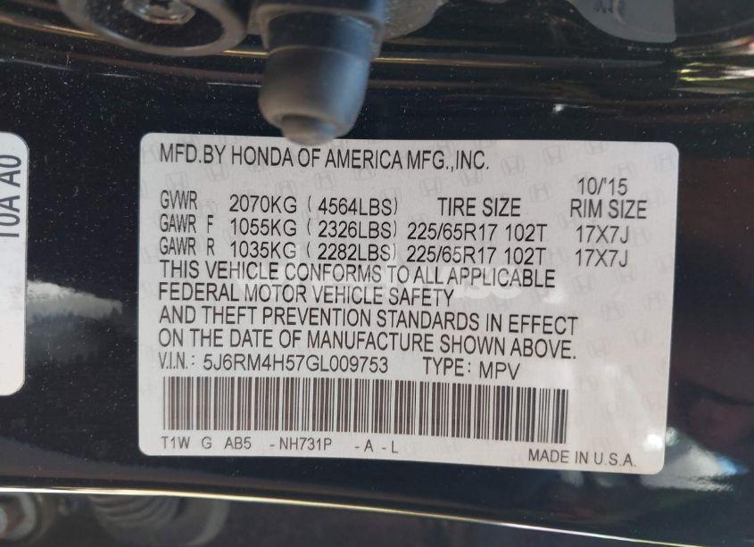 Photo 9 of 2016 Honda Cr-v EX (VIN 5J6RM4H57GL009753)