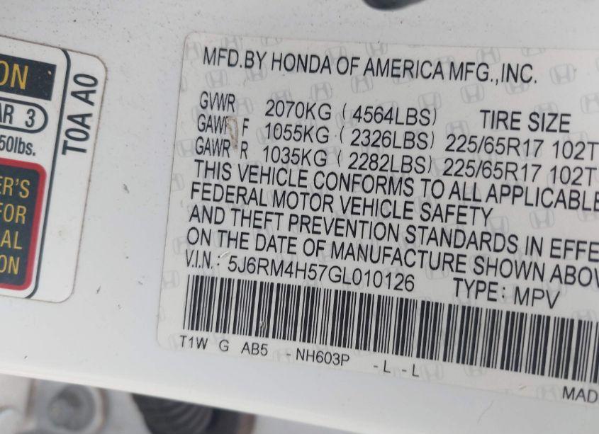 Photo 9 of 2016 Honda Cr-v EX (VIN 5J6RM4H57GL010126)