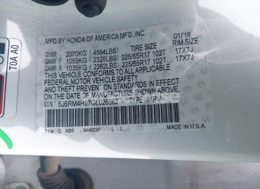 Photo 9 of 2016 Honda Cr-v EX (VIN 5J6RM4H57GL028562)