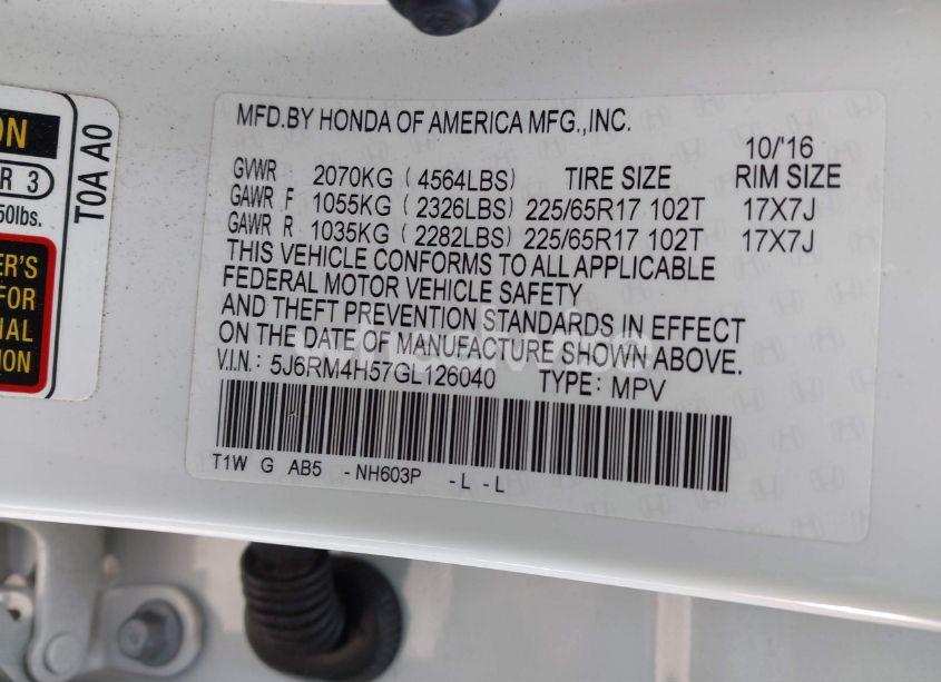 Photo 9 of 2016 Honda Cr-v EX (VIN 5J6RM4H57GL126040)