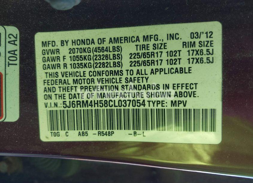 Photo 9 of 2012 Honda Cr-v EX (VIN 5J6RM4H58CL037054)