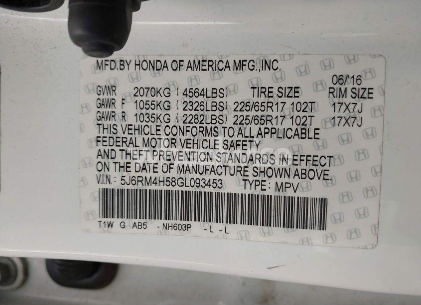 Photo 9 of 2016 Honda Cr-v EX (VIN 5J6RM4H58GL093453)