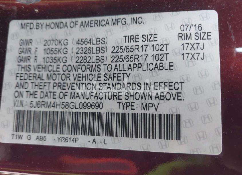 Photo 9 of 2016 Honda Cr-v EX (VIN 5J6RM4H58GL099690)