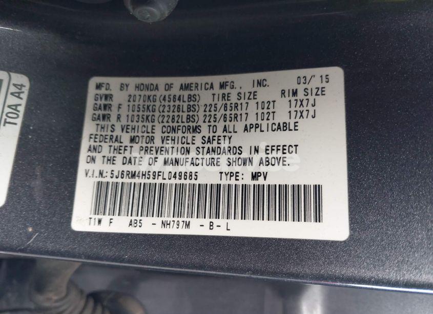 Photo 9 of 2015 Honda Cr-v EX (VIN 5J6RM4H59FL049685)