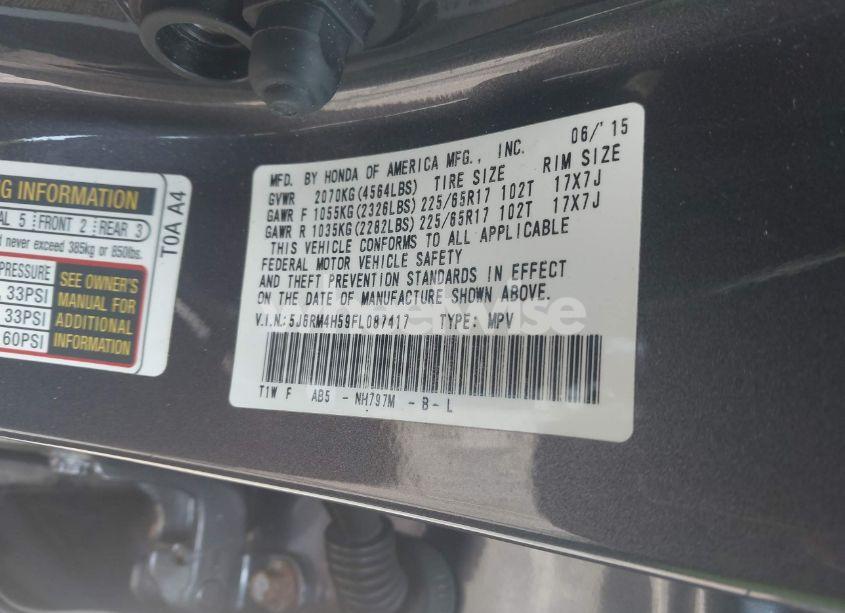 Photo 9 of 2015 Honda Cr-v EX (VIN 5J6RM4H59FL087417)