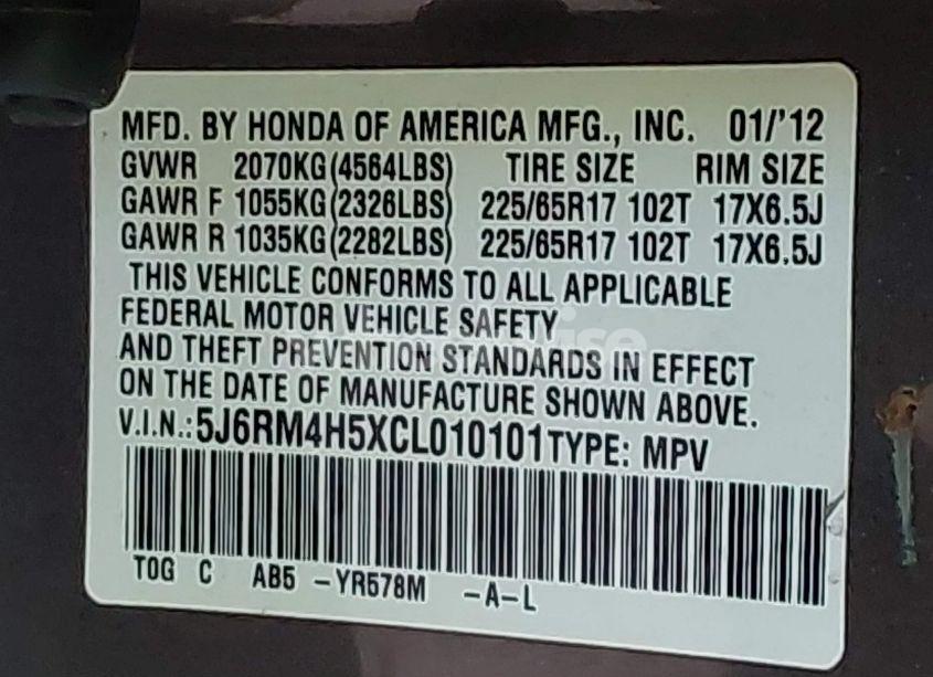 Photo 9 of 2012 Honda Cr-v EX (VIN 5J6RM4H5XCL010101)