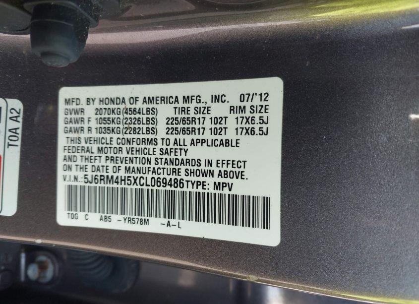 Photo 9 of 2012 Honda Cr-v EX (VIN 5J6RM4H5XCL069486)