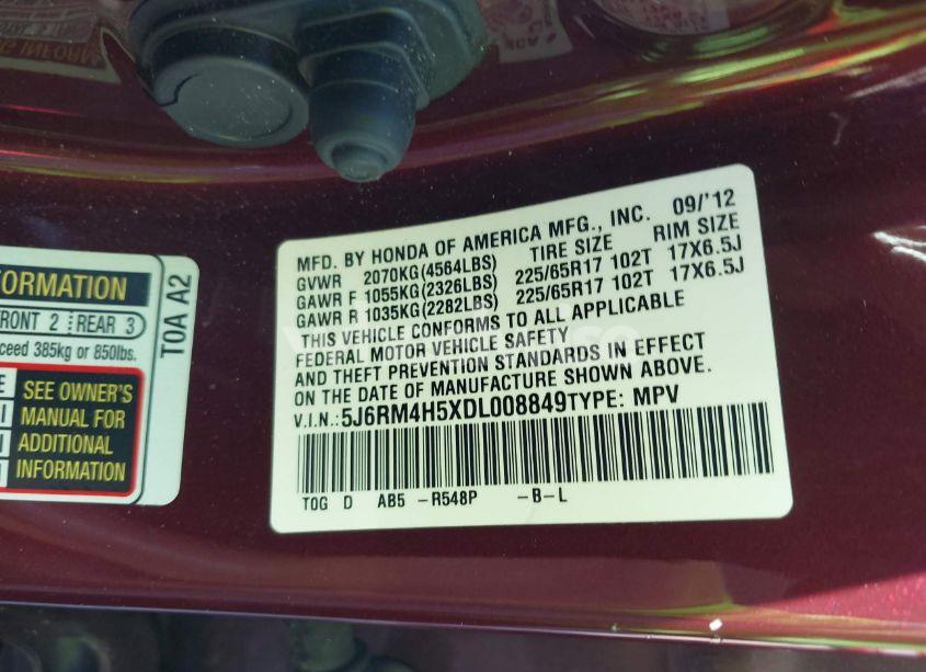 Photo 9 of 2013 Honda Cr-v EX (VIN 5J6RM4H5XDL008849)