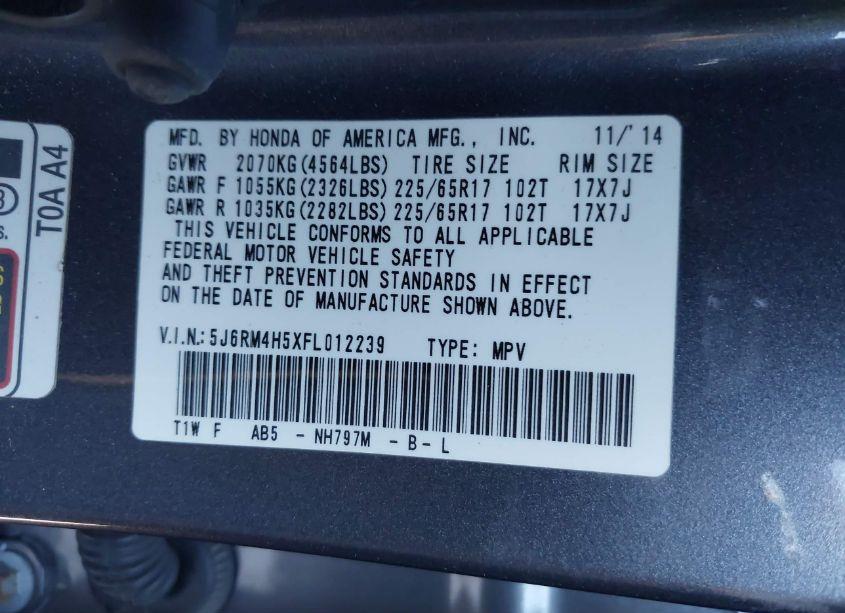 Photo 9 of 2015 Honda Cr-v EX (VIN 5J6RM4H5XFL012239)