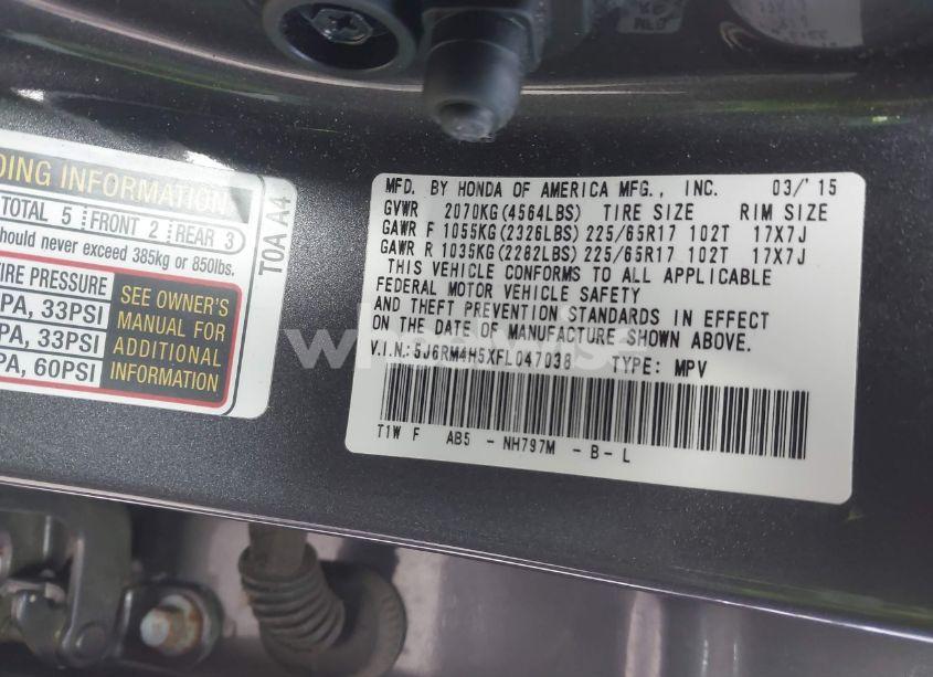 Photo 9 of 2015 Honda Cr-v EX (VIN 5J6RM4H5XFL047038)