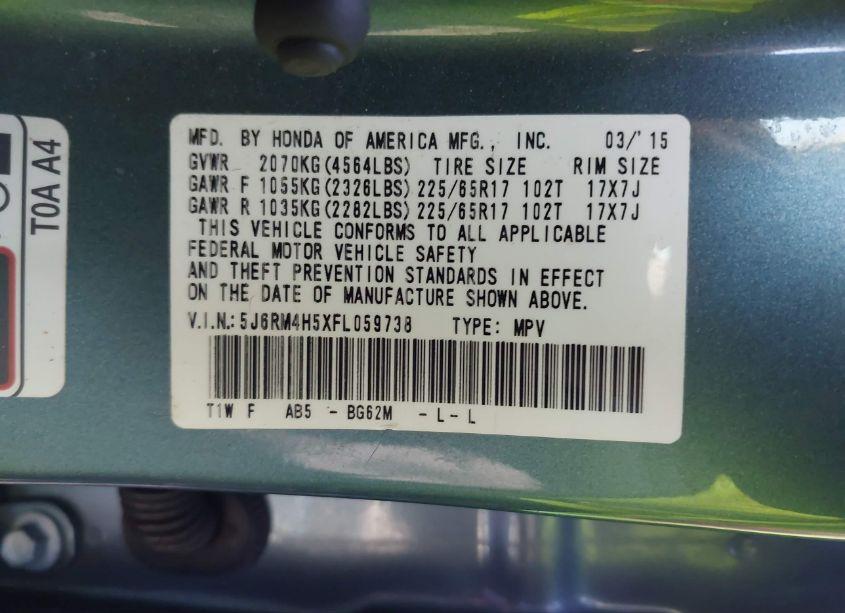 Photo 9 of 2015 Honda Cr-v EX (VIN 5J6RM4H5XFL059738)