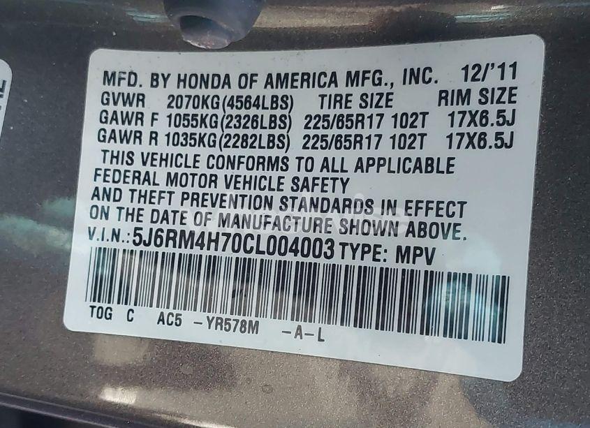 Photo 9 of 2012 Honda Cr-v EX-L (VIN 5J6RM4H70CL004003)