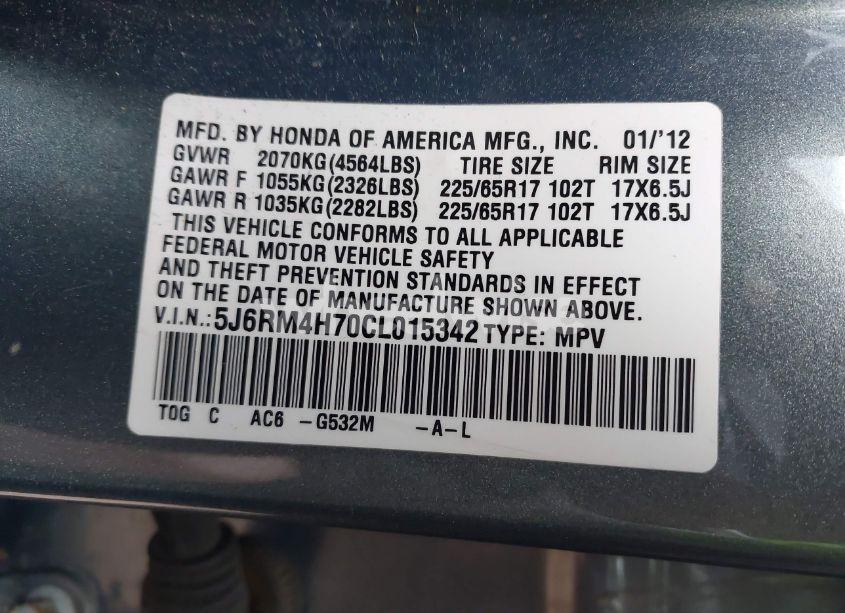 Photo 9 of 2012 Honda Cr-v EX-L (VIN 5J6RM4H70CL015342)