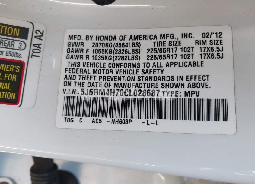 Photo 9 of 2012 Honda Cr-v EX-L (VIN 5J6RM4H70CL028687)