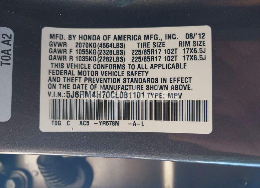 Photo 9 of 2012 Honda Cr-v EX-L (VIN 5J6RM4H70CL081101)