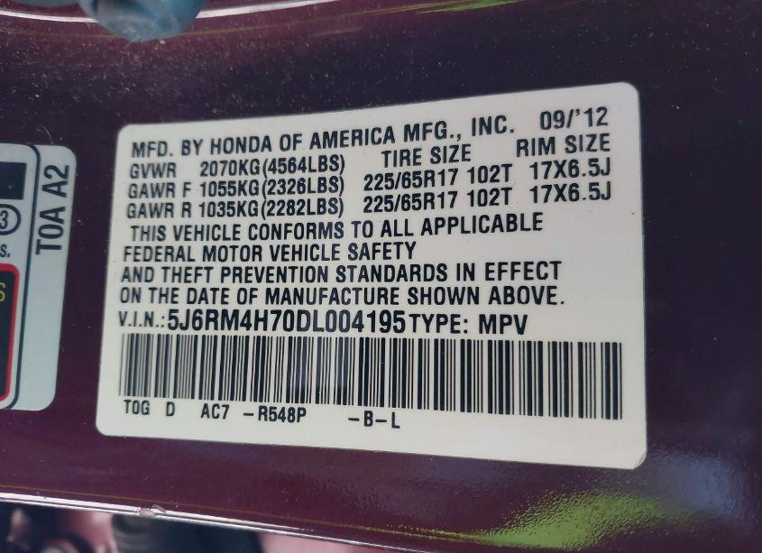 Photo 9 of 2013 Honda Cr-v EX-L (VIN 5J6RM4H70DL004195)