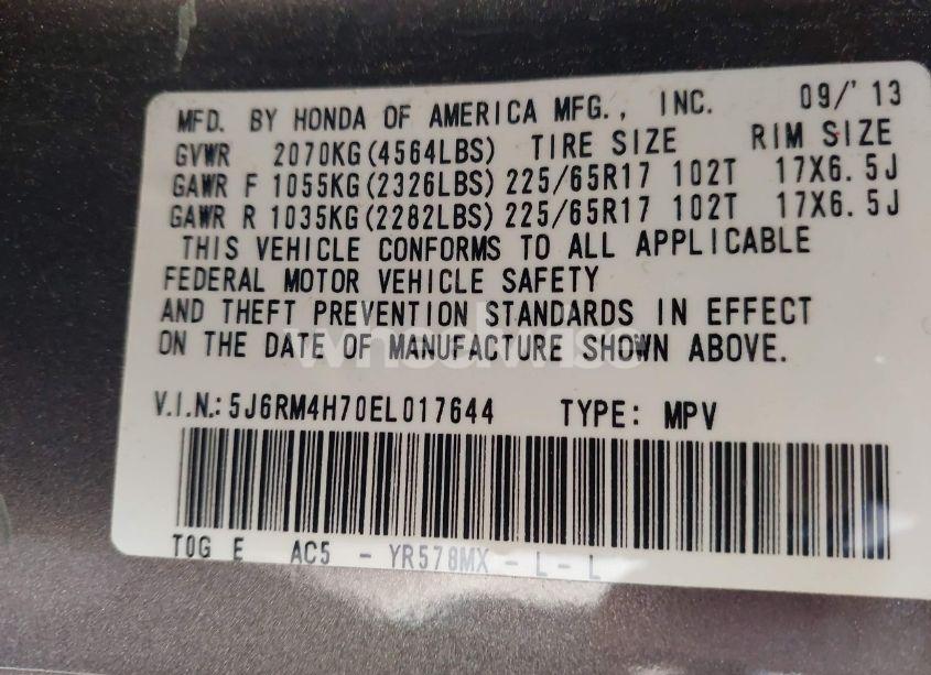 Photo 9 of 2014 Honda Cr-v EX-L (VIN 5J6RM4H70EL017644)