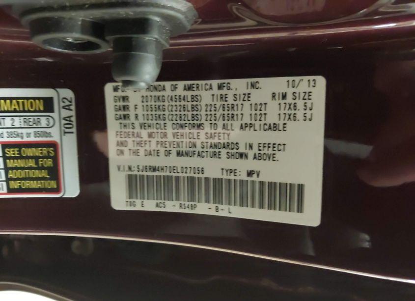 Photo 9 of 2014 Honda Cr-v EX-L (VIN 5J6RM4H70EL027056)