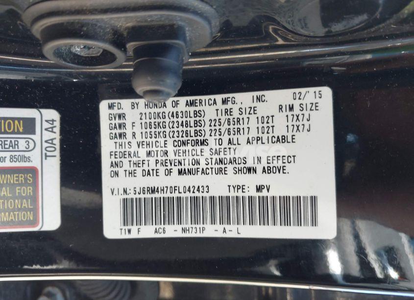 Photo 9 of 2015 Honda Cr-v EX-L (VIN 5J6RM4H70FL042433)