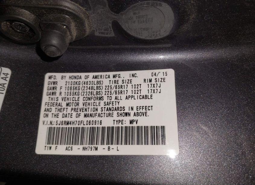 Photo 9 of 2015 Honda Cr-v EX-L (VIN 5J6RM4H70FL060916)