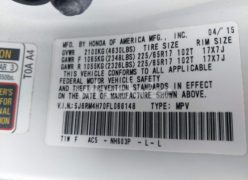 Photo 9 of 2015 Honda Cr-v EX-L (VIN 5J6RM4H70FL066148)